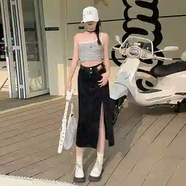 玫丝朵 小众设计感高腰开叉纯色休闲长裙 女款