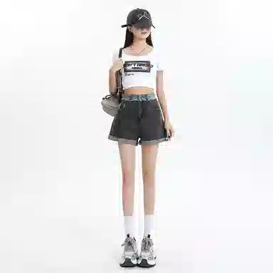 玫丝朵 水洗毛边高腰翻边直筒牛仔短裤 女款