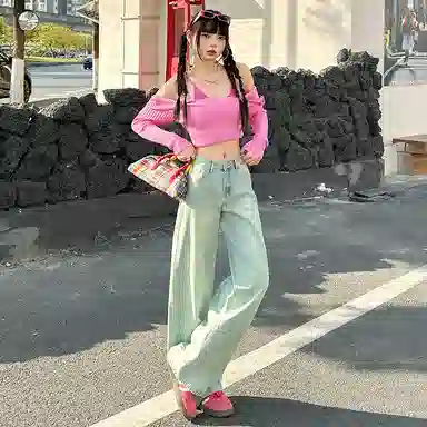 玫丝朵 宽松高腰适中阔腿牛仔裤 女款