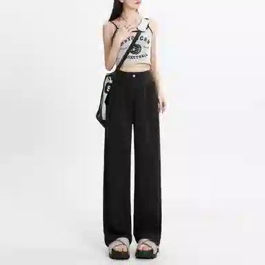 玫丝朵 纯色直筒垂感阔腿高腰牛仔裤 女款