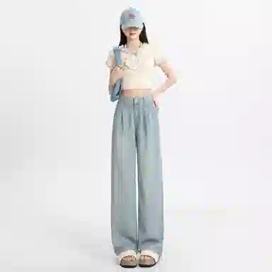 玫丝朵 纯色直筒垂感阔腿高腰牛仔裤 女款