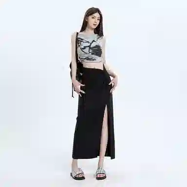 玫丝朵 开叉纯色高腰长款休闲长裙 女款