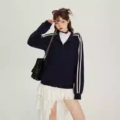 玫丝朵 美式复古条纹立领双杠撞色宽松休闲卫衣 女款