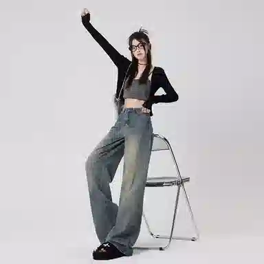 玫丝朵 中腰宽松无弹牛仔裤 女款 复古蓝