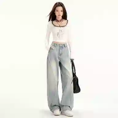 玫丝朵 宽松舒适纯色牛仔裤 女款 浅蓝