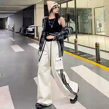 玫丝朵 美式复古条纹高腰宽松阔腿休闲裤 女款