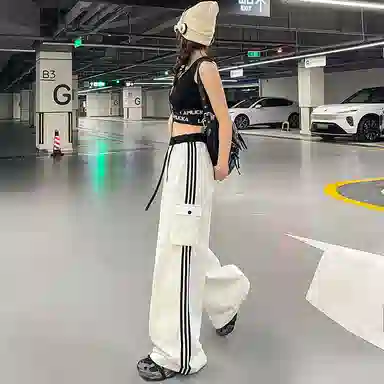 玫丝朵 美式复古条纹高腰宽松阔腿休闲裤 女款