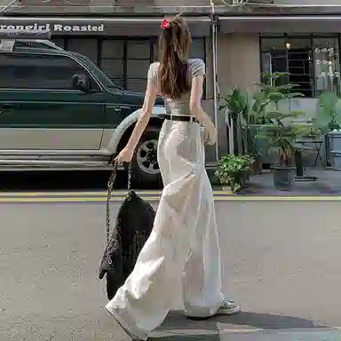 玫丝朵 复古高腰纯色阔腿牛仔裤 女款 白色