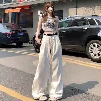 玫丝朵 复古高腰纯色阔腿牛仔裤 女款 白色