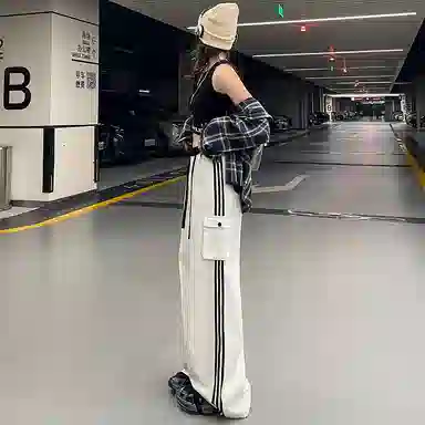 玫丝朵 美式复古条纹高腰宽松阔腿休闲裤 女款