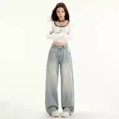 玫丝朵 宽松舒适纯色牛仔裤 女款 浅蓝