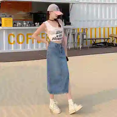 玫丝朵 小众设计感高腰开叉纯色休闲长裙 女款