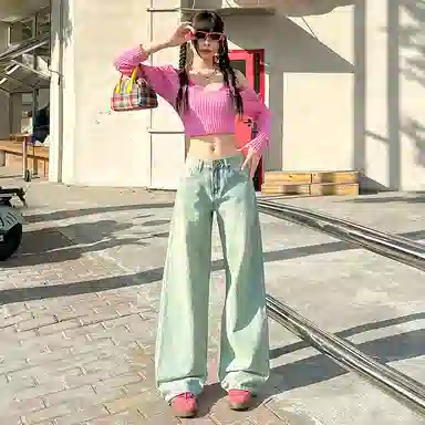 玫丝朵 宽松高腰适中阔腿牛仔裤 女款