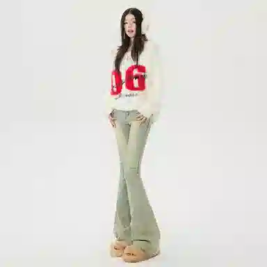 玫丝朵 美式辣妹修身喇叭高腰设计感牛仔裤 女款