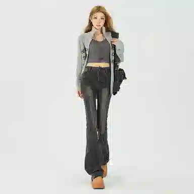 玫丝朵 甜酷少女感流苏毛边牛仔裤 女款