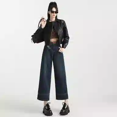 玫丝朵 高腰适中阔腿宽松牛仔裤 女款