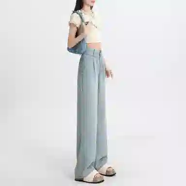 玫丝朵 纯色直筒垂感阔腿高腰牛仔裤 女款