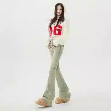 玫丝朵 美式辣妹修身喇叭高腰设计感牛仔裤 女款