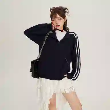 玫丝朵 美式复古条纹立领双杠撞色宽松休闲卫衣 女款