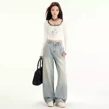 玫丝朵 宽松舒适纯色牛仔裤 女款 浅蓝