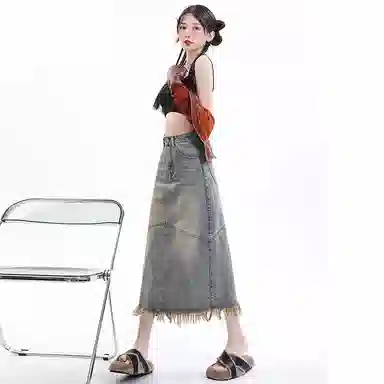 玫丝朵 水洗做旧毛边开叉牛仔长裙 女款 怀旧蓝