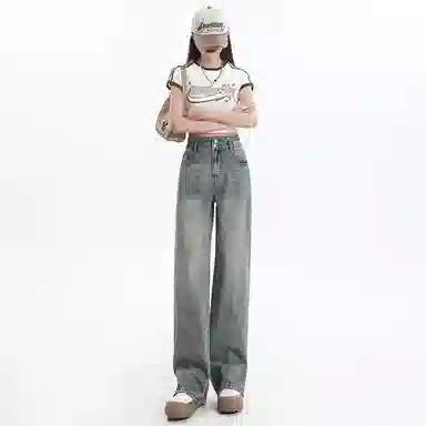玫丝朵 美式复古高腰直筒牛仔裤 女款