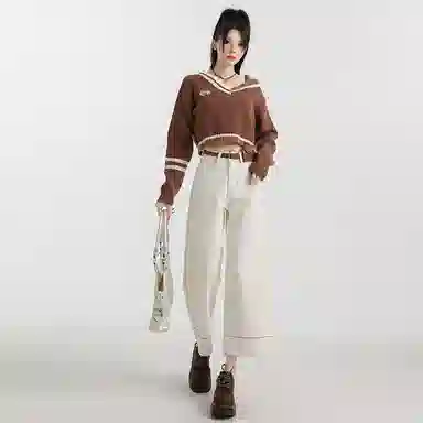 玫丝朵 高腰适中宽松阔腿牛仔裤 女款