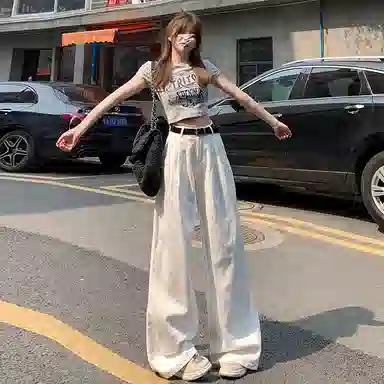 玫丝朵 复古高腰纯色阔腿牛仔裤 女款 白色