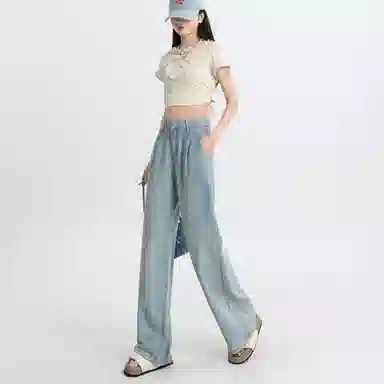 玫丝朵 纯色直筒垂感阔腿高腰牛仔裤 女款