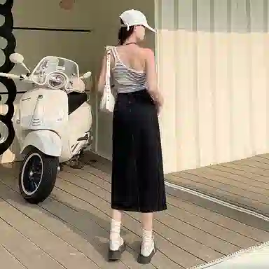 玫丝朵 小众设计感高腰开叉纯色休闲长裙 女款