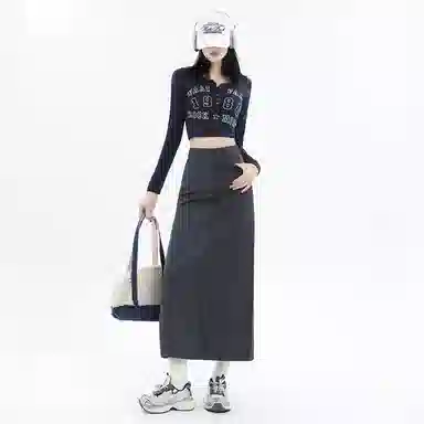 玫丝朵 开叉设计高腰纯色简约休闲长裙 女款