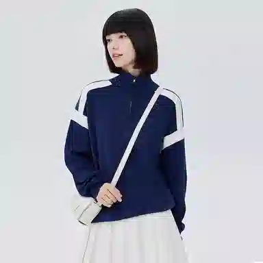 SOON FLOWER Stand Collar Zip Colorblock Pullover Sweater