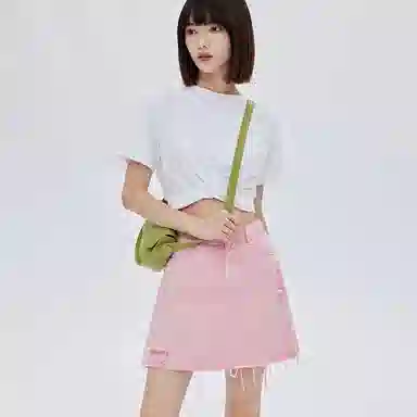 SOON FLOWER Asymmetric High Waist Denim Skirt Pink
