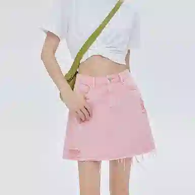 SOON FLOWER Asymmetric High Waist Denim Skirt Pink