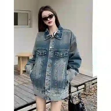 玉儿恋 美式复古水洗做旧破洞潮流宽松休闲百搭牛仔外套 男女同款