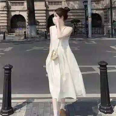 思蓓儿 法式收腰显瘦中长款茶歇无袖连衣裙 女款 杏色