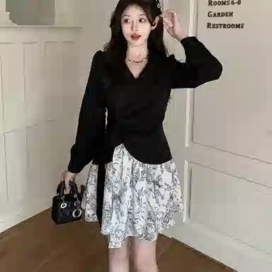 思蓓儿 水墨花设计感收腰长袖连衣裙 女款