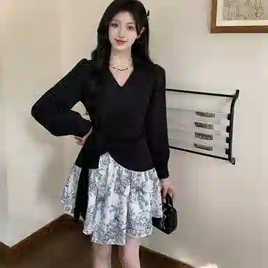 思蓓儿 水墨花设计感收腰长袖连衣裙 女款