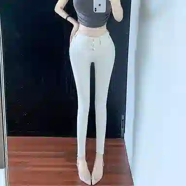 思蓓儿 高腰纯色修身铅笔牛仔裤 女款 米白色