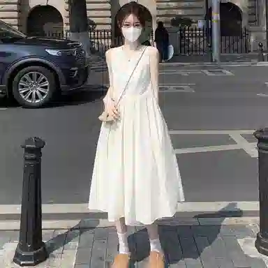 思蓓儿 法式收腰显瘦中长款茶歇无袖连衣裙 女款 杏色