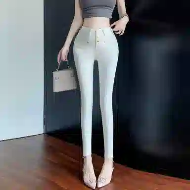 思蓓儿 高腰纯色修身铅笔牛仔裤 女款 米白色