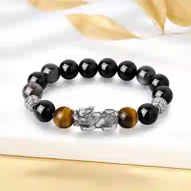 【999足银纯银 财源广进】 福韵金 六桂福 招财貔貅吞金兽新中式国潮复古招财纳福转运珠#好运合成/人造 黑曜石 手串 男女同款情侣款