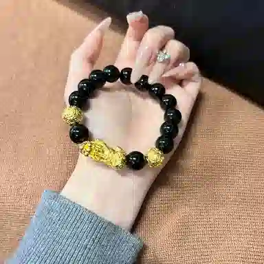 【S999足银纯银】 福韵金 六桂福 新中式招财纳福吞金兽国潮复古风平安顺遂步步高升八方来财转运珠时尚高级好运 黑曜石 手串 男款