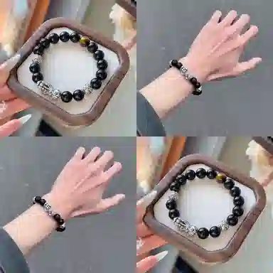 【S999足银纯银】 福韵金 六桂福  新中式招财纳福吞金兽国潮复古风八方来财平安顺遂转运珠时尚高级好运 黑曜石 手串 男款