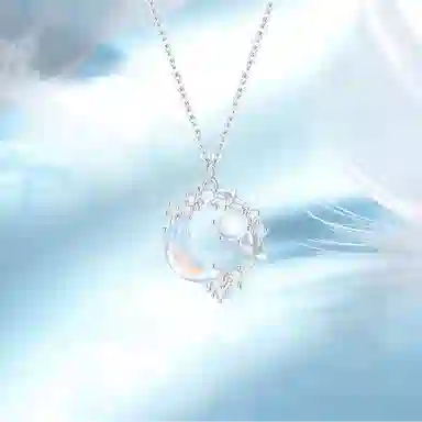 【999纯银】 福韵金 六桂福珠宝 幻梦星月 镶锆幻彩宝石星星月亮吊坠轻奢浪漫森系精致闪耀小清新设计优雅百搭锁骨链 琉璃 玉石项链 女款