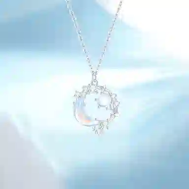 【999纯银】 福韵金 六桂福珠宝 幻梦星月 镶锆幻彩宝石星星月亮吊坠轻奢浪漫森系精致闪耀小清新设计优雅百搭锁骨链 琉璃 玉石项链 女款