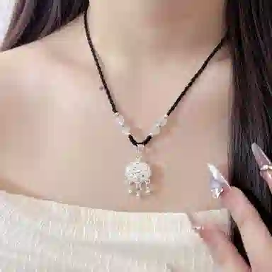 【999纯银丨平安顺遂丨赠告白卡片】 福韵金 六桂福珠宝 长命锁新中式国风国潮编织绳吊坠平安扣百搭高级显白气质优雅好运 足银 项链 女款