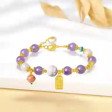 【S925银 招桃花/春夏物语】 福韵金 六桂福 佛头醒狮福牌花朵鲤鱼新中式国财转运紫色成功上岸本命年#好运 紫水晶 手串 女款