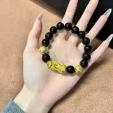 【S999足银纯银】 福韵金 六桂福 新中式招财纳福吞金兽国潮复古风平安顺遂步步高升八方来财转运珠时尚高级好运 黑曜石 手串 男款