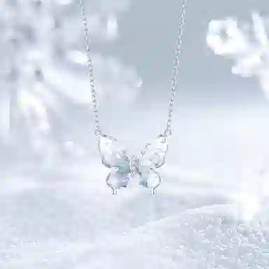 【999足银纯银 冰屿蝴蝶/浪漫卡片】 福韵金 接住财运的蝴蝶好运福蝶渐变蓝轻奢精致灵动浪漫闪耀简约百搭 白水晶 项链 女款